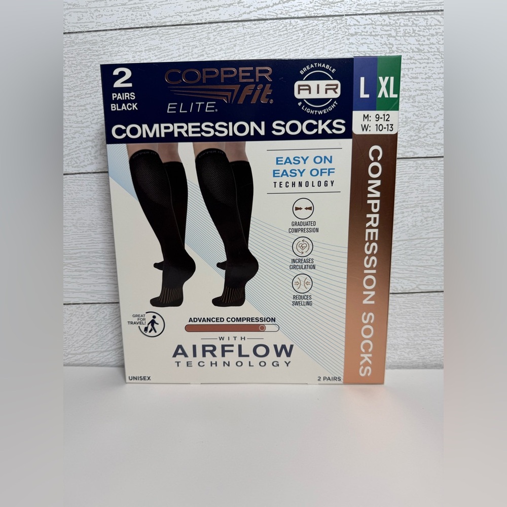 CopperFit Elite Black Copper Infused Compression Socks unisex L/XL 2pack